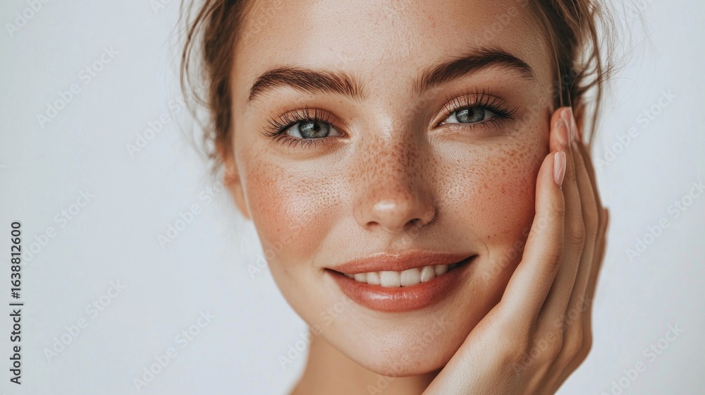 Obraz premium A woman with red hair and freckles, wearing a white top, smiling and touching her face with her left hand.