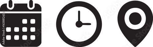 Comprehensive icon set featuring date time and location symbols for digital applications and user interfaces designed for versatility and clarity