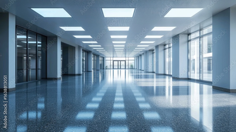 Obraz premium A spacious, modern office hallway with glass doors and large windows, illuminated by overhead fluorescent lights casting shadows on the polished floor.