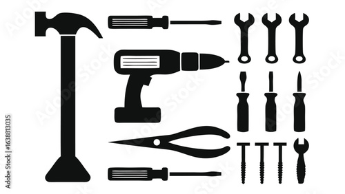 Collection of vintage silhouetted hand tools and hardware