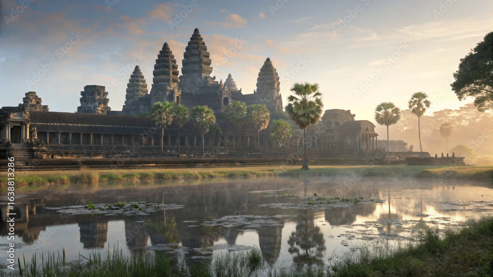 Fototapeta premium Photo of Ancient angkor wat reflects in the morning light, a majestic temple in cambodia, southeast asia