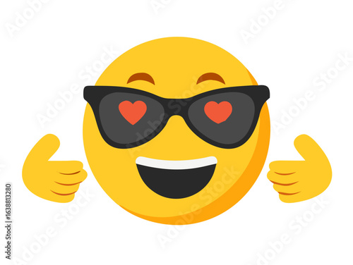Hugs emoji with sunglasses on white background. Large size of yellow emoji smile