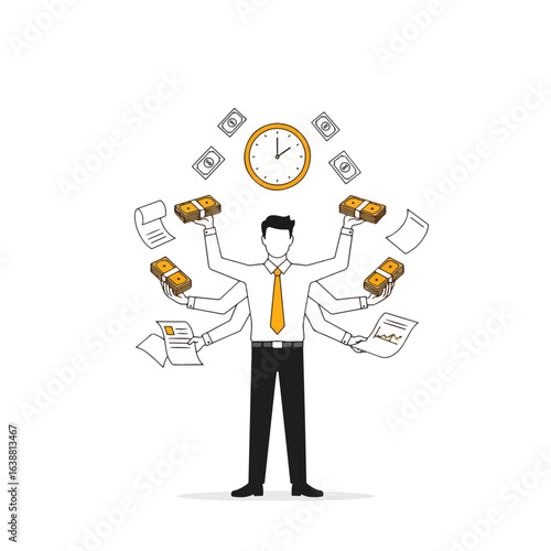 Multitasking Businessman — Juggling Time, Money, and Documents Illustration