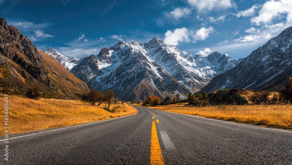 Fototapeta premium Scenic mountain road winding into a snow-capped peak