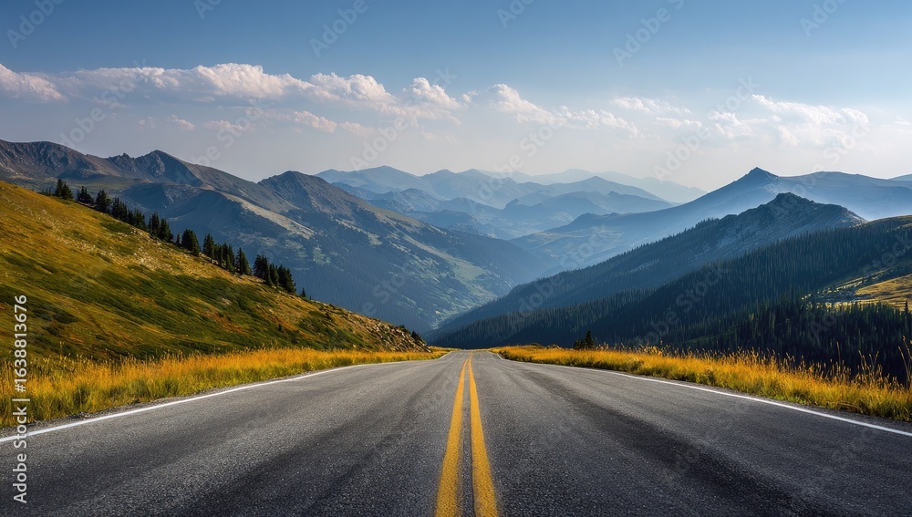 Fototapeta premium Mountain highway vista. Vast asphalt road stretches into a valley nestled amidst hazy blue mountains. Golden grasses and pine trees line the hillside. A clear, cloud-filled sky completes the scene