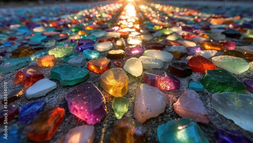 Fototapeta premium Colorful glass mosaic pathway, sunlight