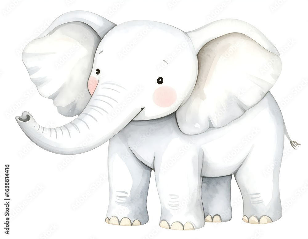 Obraz premium Adorable cartoon baby elephant, watercolor style, white, standing