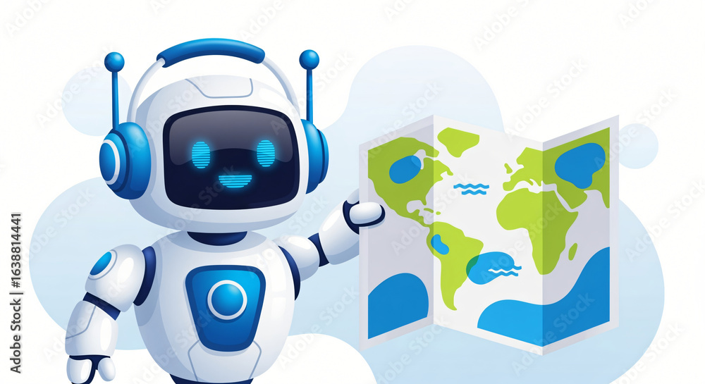 Naklejka premium Robotic Guide with World Map Illustration