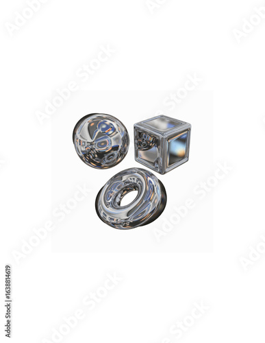 Abstract metallic shapes, cube, sphere, and disc, geometric design, polished surface.