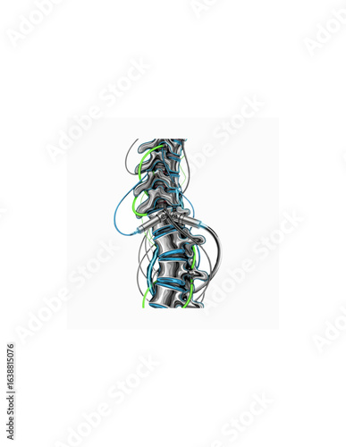 Detailed illustration of the human spine, highlighting nerves and support structures.