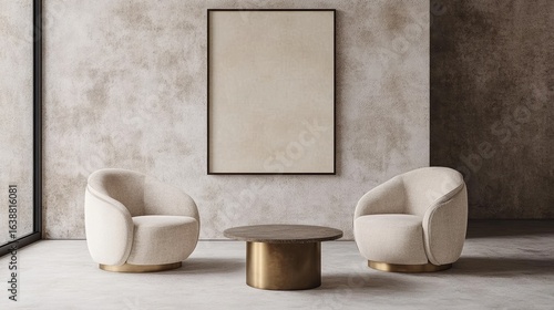 Two cream velvet armchairs flank a circular wood and brass coffee table against a textured beige wall with a large blank canvas.  Modern, minimalist interior design