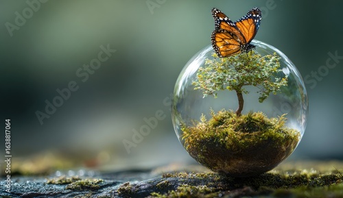 Miniature Tree, Butterfly, Glass Globe, Nature, Outdoor, Sustainability, Environmental, Conservation, Poster