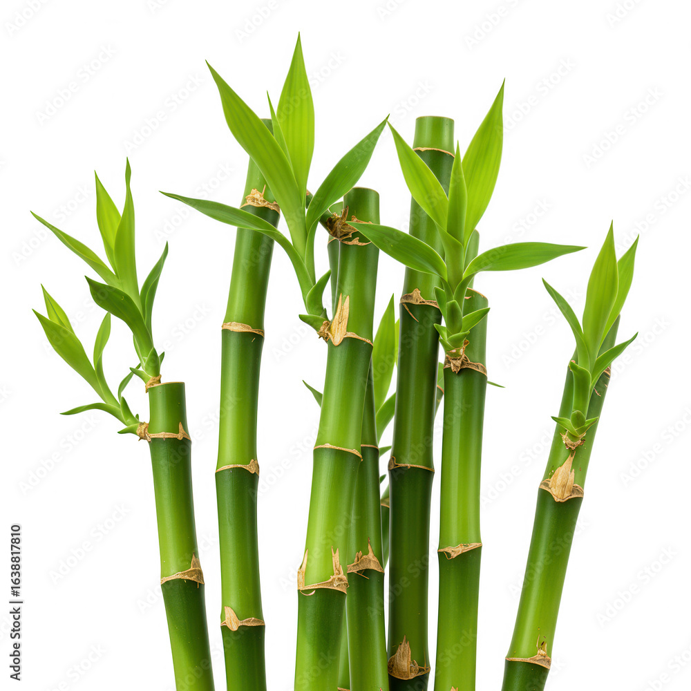 Obraz premium Vibrant green lucky bamboo stalks with fresh new leaves isolated on transparent background