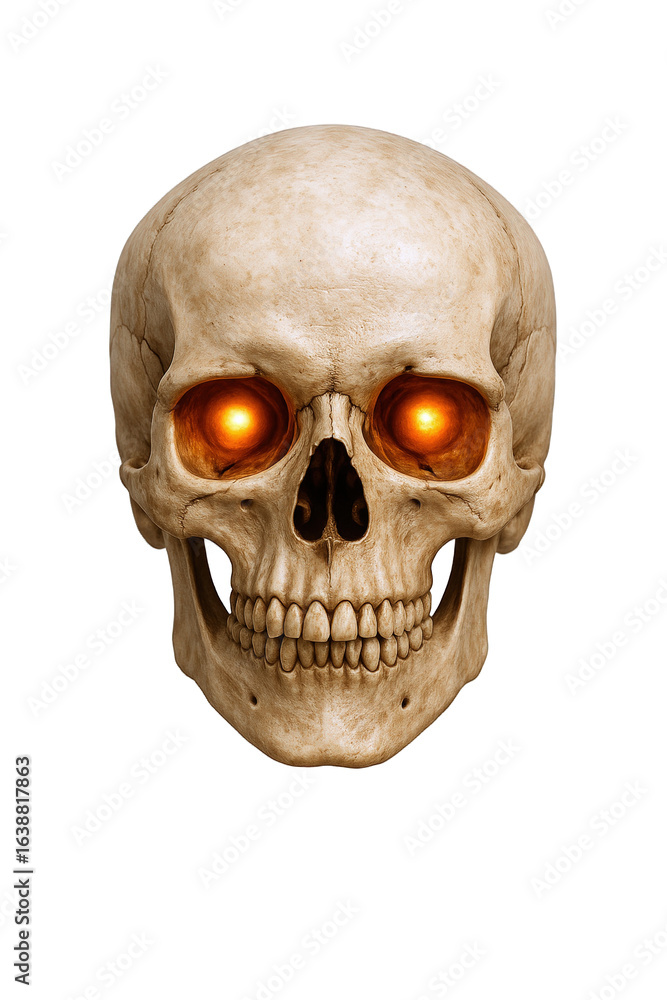 Obraz premium Close-up of a human skull with glowing orange eyes, conveying a sense of mystery and the supernatural.