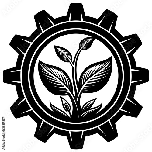 Black and white illustration of a plant growing inside a gear, symbolizing the intersection of nature and industry, isolated on white background