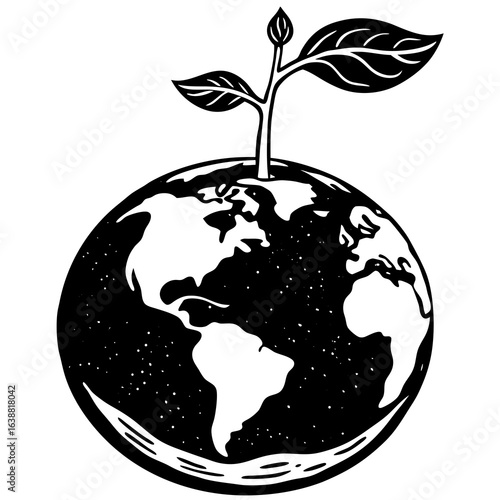 Stylized illustration of a sprout growing from the top of the earth, symbolizing new life and environmental growth, isolated on white background