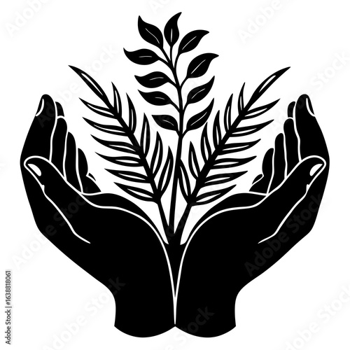 Closeup of two hands cupping a young plant with multiple leaves, representing growth, care, and environmental protection