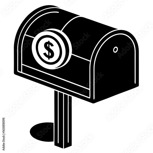 A black and white isometric illustration of a mailbox with a coin showing a dollar sign, isolated on white background