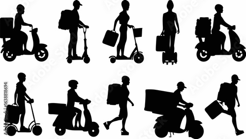 Silhouettes of people on scooters and other transportation methods delivering packages and luggage items