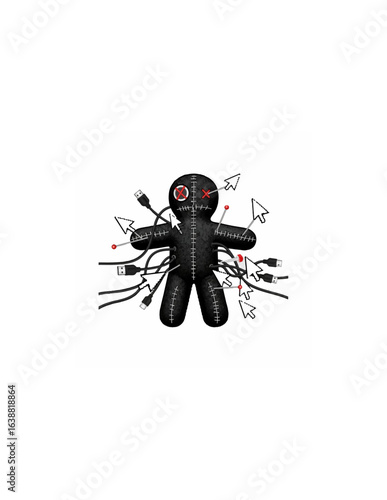 A voodoo doll entangled in a network of computer cables and symbols, suggesting digital manipulation or control.