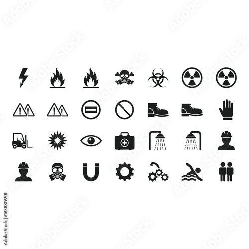 Collection of Safety and Hazard Warning Icons for Workplace Environments and Public Awareness Campaigns Black and White Isolated Design Elements