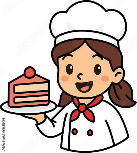 Cute female chef with strawberry cake slice
