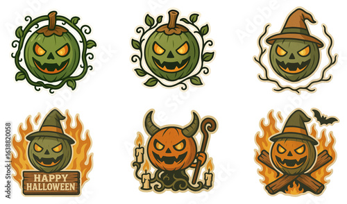 Set of Halloween Pumpkin Emblem Designs with Fire and Witch Hats
