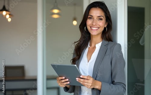Executive CEO businesswoman saleswoman holding digital tablet pc device for work in office, looking at camera. Smiling successful latin hispanic young woman using pad tab computer for business app