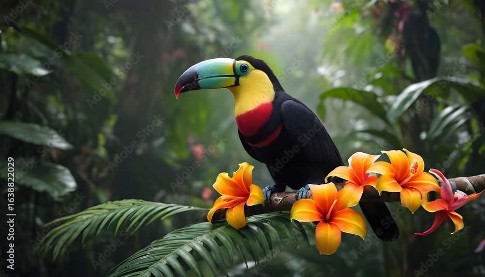Fototapeta premium Toucan 4k wallpaper, tropical rainforest, colorful flowers, hd, created with generative ai