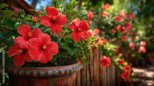 Hibiscus fence with giant planter concept. Vibrant red hibiscus flowers blooming in a sunny garden.