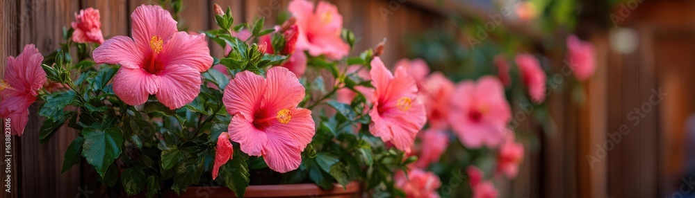 Fototapeta premium Hibiscus fence with giant planter concept. Vibrant pink hibiscus flowers in a sunny garden setting.