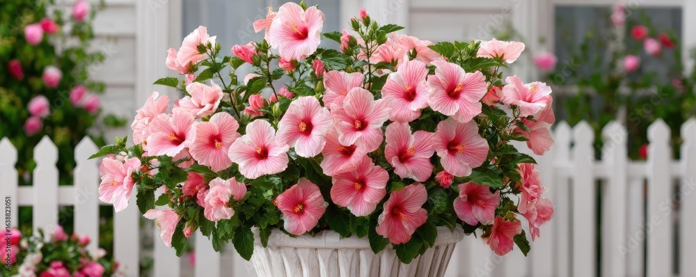 Fototapeta premium Hibiscus fence with giant planter concept. Vibrant pink hibiscus flowers in a decorative pot outdoors.
