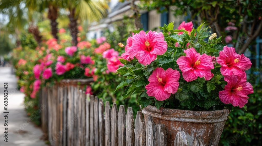 Hibiscus fence with giant planter concept. Vibrant pink hibiscus flowers blooming by a rustic wooden fence. Hibiscus fence with giant planter concept. Vibrant pink hibiscus flowers blooming by a rustic wooden fence.