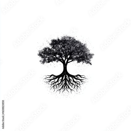 Silhouetted tree with extensive roots