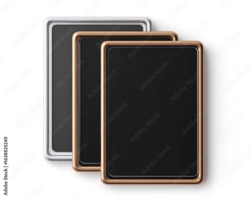 Fototapeta premium Three blank rectangular frames, silver, dark gray, and rose gold, stacked vertically against a white background