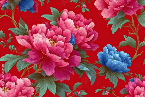 Vibrant floral pattern of peonies in pink and blue, on a red background.  Detailed blossoms and foliage