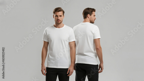 Young confident man in white crewneck short sleeve t-shirt, full body front and back view, standing on a light gray background.