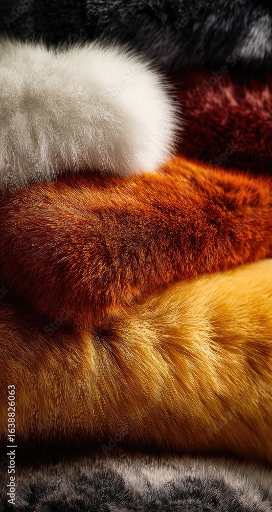 Obraz premium Close-up view of various faux fur textures and colors. Layers of different shades of faux fur, including white, reddish-brown, orange-gold, and dark grey, are stacked, showcasing the plush texture