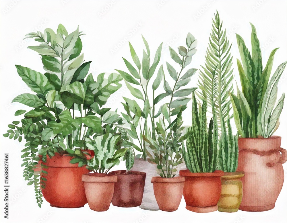 Fototapeta premium watercolor drawing home plants, hand drawn vector illustration