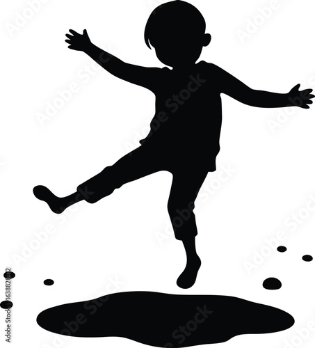 child jumping in puddles on white background.eps