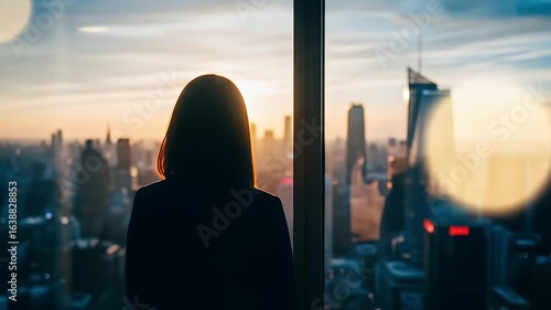 Silhouette Of Businesswoman Viewing City Skyline During Sunset Through Window With Golden Hues