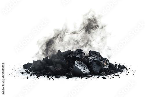 Pile of smoldering coal emitting dark smoke against a white background