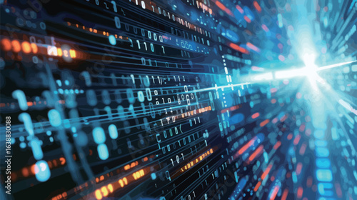 A computer screen with a blue background and orange and red lines. The lines are made up of binary code, which is the language of computers. Concept of technology and the digital world