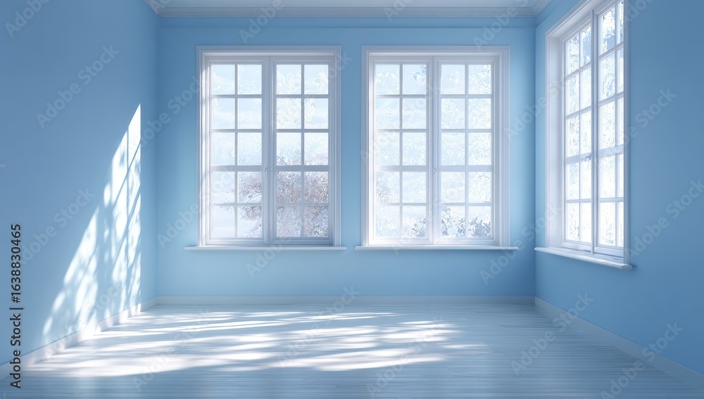 Fototapeta premium Empty light-filled room with blue walls and white trim, windows, and floor. Sunlight casts shadows