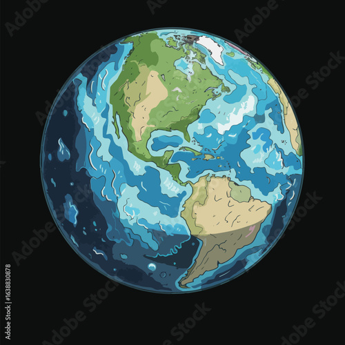 A cartoon drawing of the Earth with a blue sky and white clouds. The drawing is in black and white and has a very simple and clean style