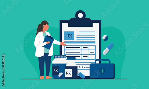 Female doctor writes a prescription medical concept with pills, drugs and clipboard