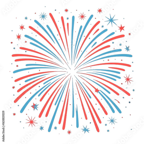 Vibrant red and blue fireworks burst outwards against a stark black background creating a festive and celebratory display of light and color