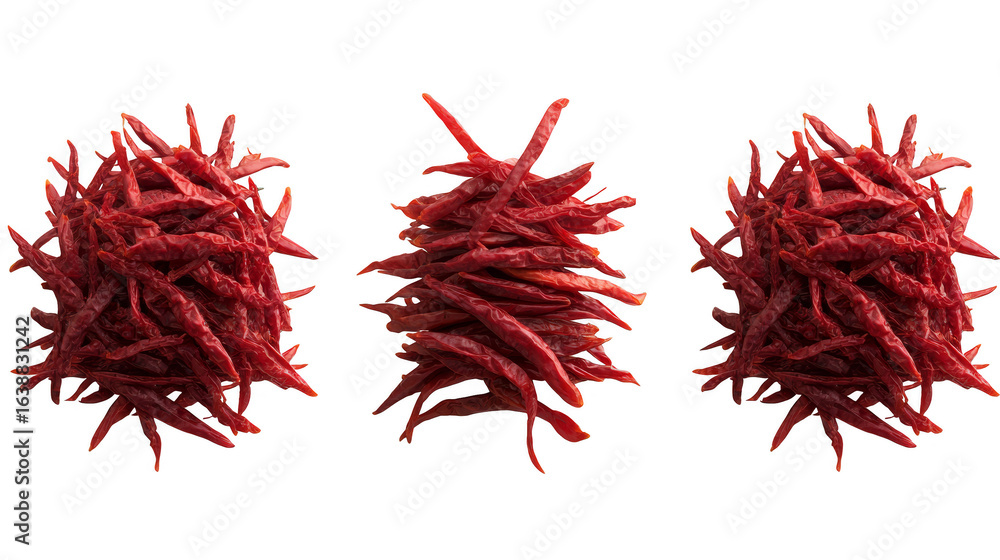 Fototapeta premium Three Piles of Dried Red Chili Peppers.