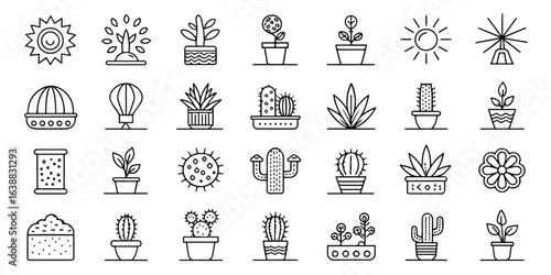 Collection of minimalist plant icons vector illustration showcasing indoor greenery and botanical elements for design projects and creative endeavors