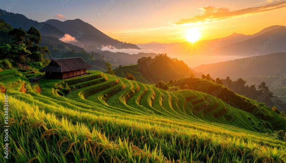 Obraz premium Rice Terraces at Sunrise with Mountain View Golden Hour Scenery.